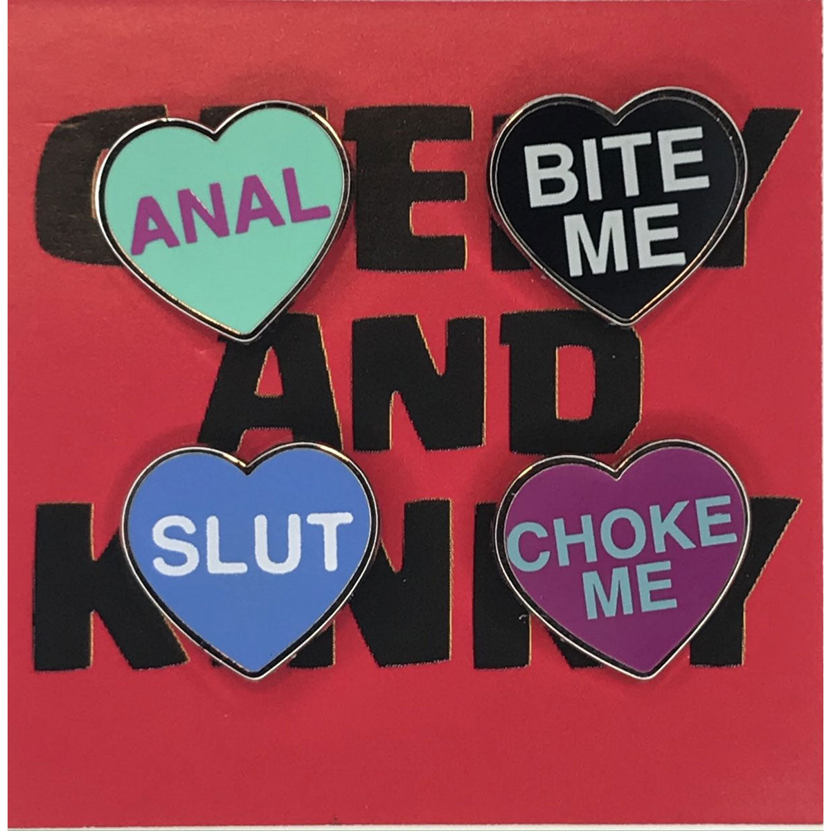 Geeky & Kinky Heart Pin 4Pk (Anal - Slut - Bite Me - Choke Me)